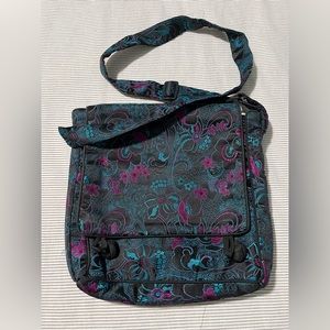 Embroidered silk crossbody bag, blue and pink